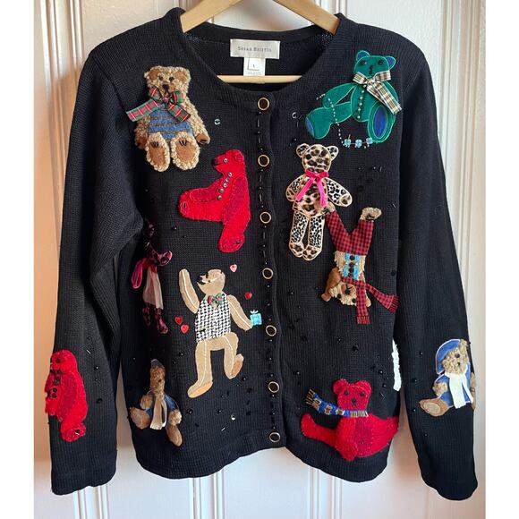 Susan Bristol Appliqué Holiday Cardigan Sz L 3D Plush Bears Sequins - Picture 1 of 9